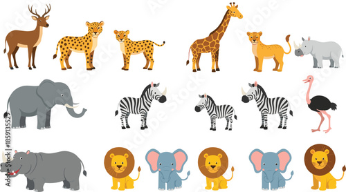 Cute cartoon wild animal collection featuring lion elephant giraffe zebra cheetah rhino deer ostrich vector illustration set isolated on white background