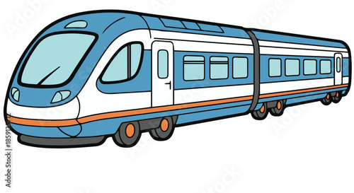 Vector illustration of a modern high-speed passenger train featuring a blue and white body with an orange stripe. 