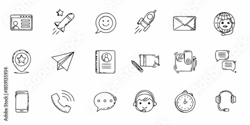 Collection of minimalist black and white icons depicting communication and technology