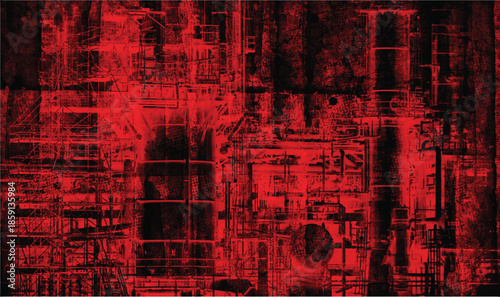 Apocalyptic industrial landscape with burning buildings and chimneys of the factory. Grunge scratch background. Monochrome illustration