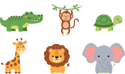 Foto auf Acrylglas Zoo Cute cartoon wild animals vector set with lion giraffe elephant monkey turtle crocodile for kids illustrations  © munzuara