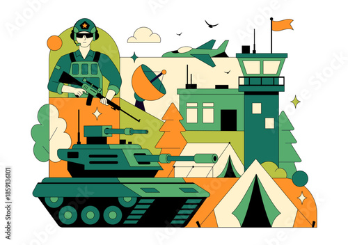 Military Army Forces Vector Illustration Featuring Soldiers, Weapons, Tanks, Heavy Protective Equipment In Flat Style Cartoon Background