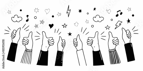 Many hands giving thumbs up with stars hearts and musical notes above