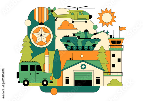 Military Army Forces Vector Illustration Featuring Soldiers, Weapons, Tanks, Heavy Protective Equipment In Flat Style Cartoon Background