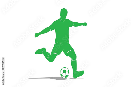 A vibrant green silhouette of a soccer player dynamically kicking a classic black and white soccer ball showcasing athletic movement