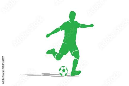 A vibrant green silhouette of a soccer player dynamically kicking a classic black and white ball casting a subtle shadow