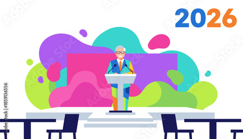 Senior speaker at a colorful stage giving a keynote speech at a business conference 2026