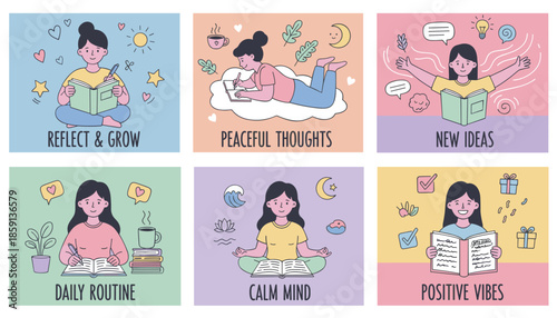 Women embracing selfcare journaling reading meditating for mental health routine and creative growth Doodle vector set