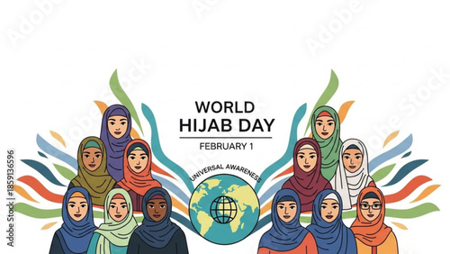 Diverse women in hijabs celebrating World Hijab Day a symbol of unity and global awareness vector illustration for social media and campaigns