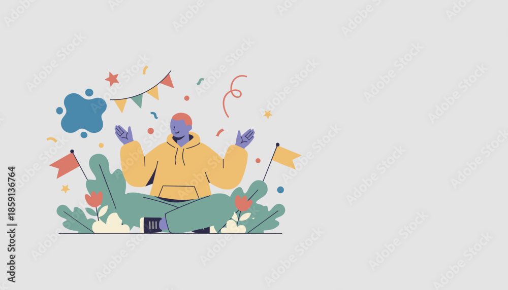 Fototapeta premium Relaxed person celebrating achievement with confetti flags and plants Vector illustration copy space