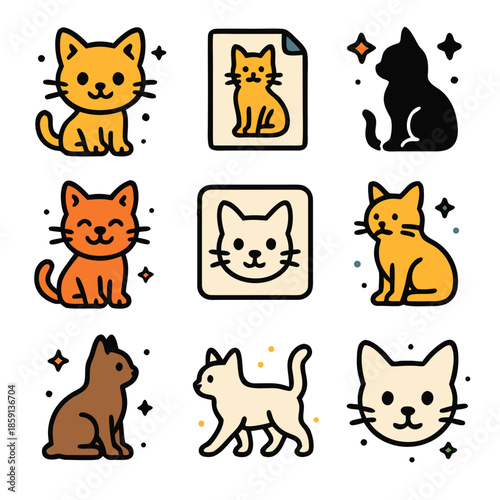 Cat vector outline icons in various poses and colors for design needs. Ideal for cat lovers projects and petrelated designs.
