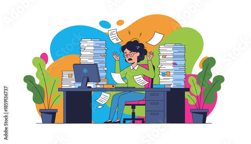 Stressed office worker overwhelmed by excessive paperwork and burnout Too much work concept