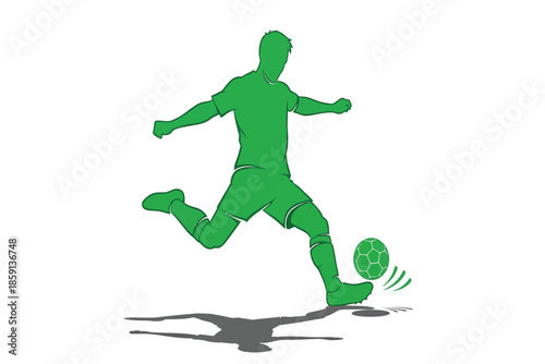 A vibrant green illustration depicts a soccer player in motion kicking a ball with dynamic energy and a cast shadow