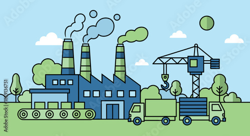 Flat design illustration of a factory logistics trucks and a crane Manufacturing and production concept