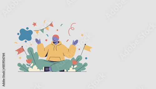 Relaxed person celebrating achievement with confetti flags and plants Vector illustration copy space