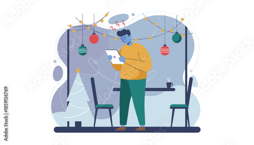 Frustrated man dealing with stress and technology problems in a festive holiday or remote work setting