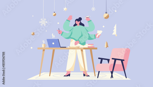 Busy woman with multiple arms multitasking during the stressful winter holiday season illustration