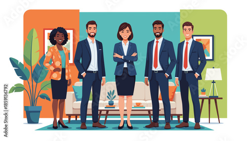 Diverse business team smiling confidently in a modern office lounge setting