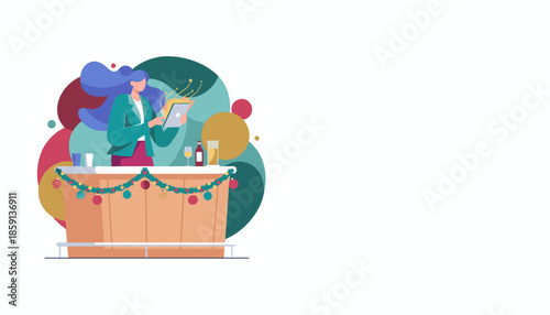Woman managing a festive holiday party using a digital tablet behind the bar counter