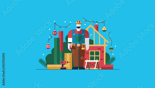 Constructor working on a house frame with Christmas lights Holiday home building illustration