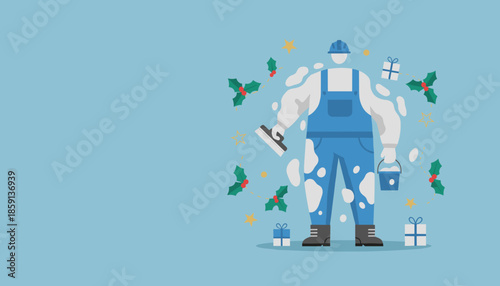 Construction worker illustration covered in paint celebrating Christmas with holly stars and gifts
