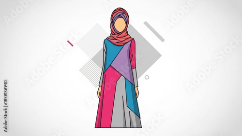 Modern Muslim woman in colorful geometric abaya and hijab contemporary Islamic fashion illustration isolated on white background