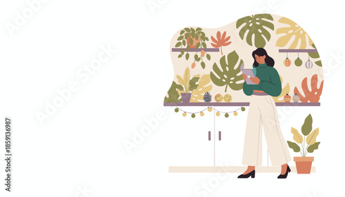 Woman uses tablet in a plantfilled cozy interior decorated with festive lights and modern home decor