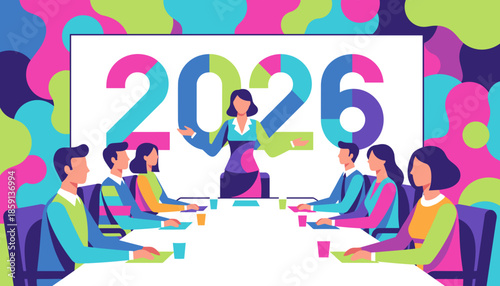 Corporate team planning for 2026 strategy meeting Woman leading presentation