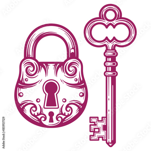 Vintage padlock and key illustration decorative design antique style isolated on white background