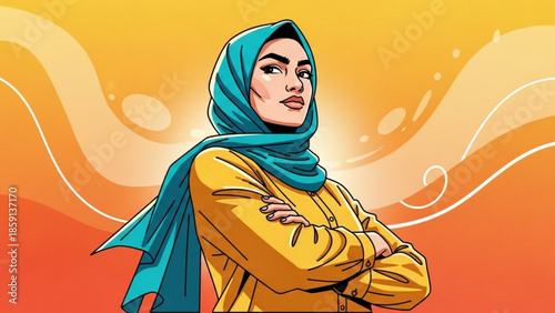 Confident Muslim woman wearing a teal hijab and yellow jacket arms crossed illustration for empowerment and diversity concepts