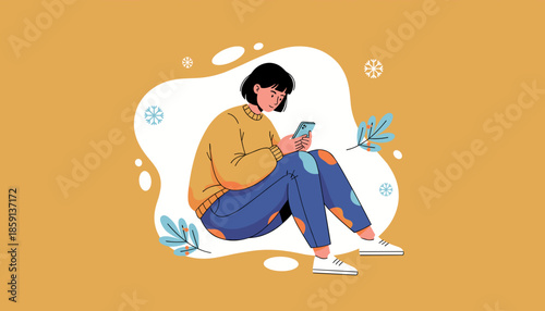 Young woman sits cozy in a sweater scrolling on her smartphone Digital communication and winter concept