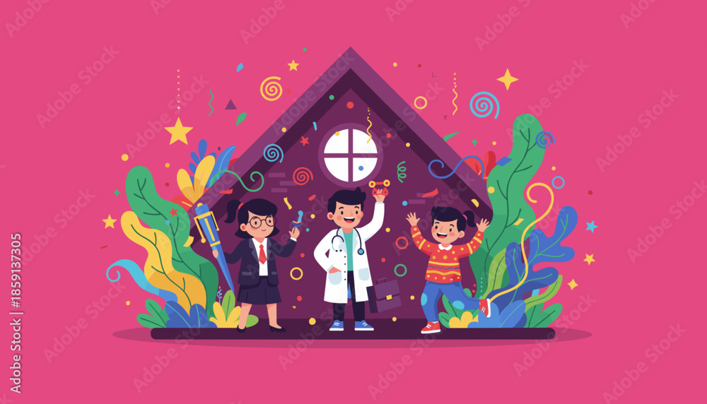 Fototapeta premium Education and career success concept with a doctor businesswoman and happy child celebrating