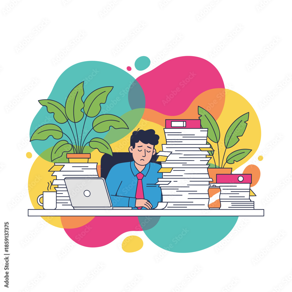 Fototapeta premium Overwhelmed businessman suffering from burnout surrounded by immense paper stacks and office stress