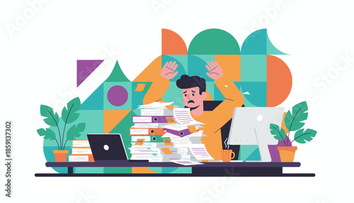 Overwhelmed office worker buried under piles of documents symbolizing stress and burnout