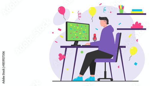 Man celebrating online victory at his desktop computer surrounded by confetti and balloons Perfect for virtual party concepts