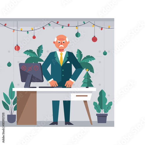 Angry senior boss rejecting Christmas cheer in the office Stressful work deadlines