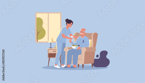 Caregiver assisting elderly man with medication or water in a retirement home or residential care setting