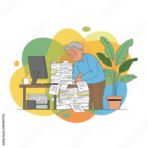 Senior employee stressed by massive paperwork at desk Concept of overwork bureaucracy or burnout