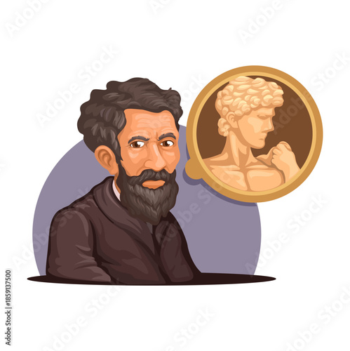 Michelangelo Figure. Renaissance Artist Portrait with Classical Sculpture Illustration Vector
