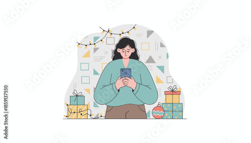 Feeling lonely during Christmas Sad woman looking at smartphone near festive gifts