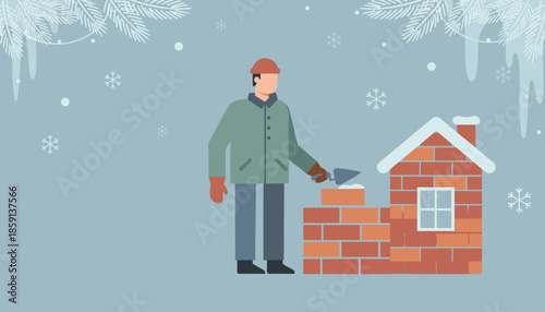 Builder constructing a brick house in winter conditions Tradesman concept illustration