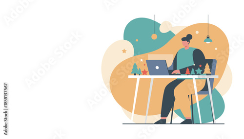 Seasonal remote work Person using a laptop on a festive desk with Christmas tree decorations
