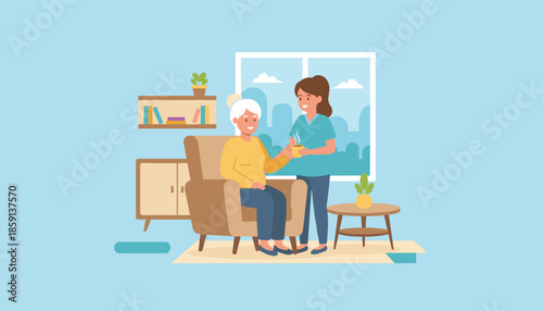 Caregiver giving a drink to a happy senior woman at home Elderly care and assistance concept