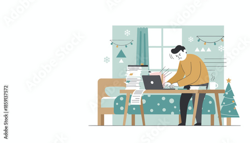 Overwhelmed man working on a laptop surrounded by paperwork during winter holidays Remote work stress