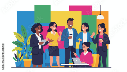 Diverse business team collaborating happily in a vibrant modern office setting