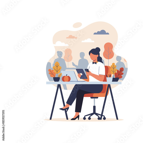 Professional woman multitasking with technology while working remotely outdoors Digital business