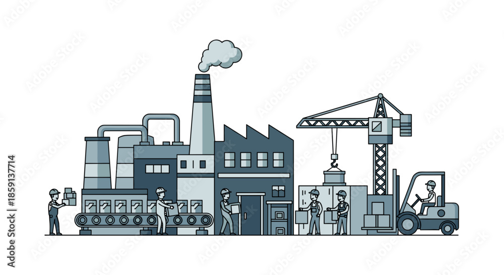 Obraz premium Industrial factory production line and logistics with workers forklift and crane Manufacturing vector illustration
