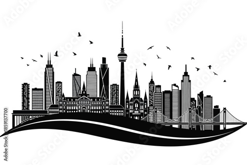 A striking black and white skyline illustration depicts a modern city with distinctive towers bridges and birds in flight