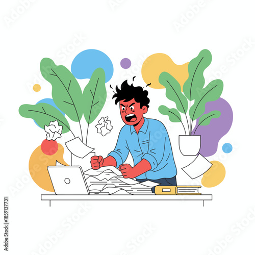 Angry worker suffering from burnout stress and massive workload in the office