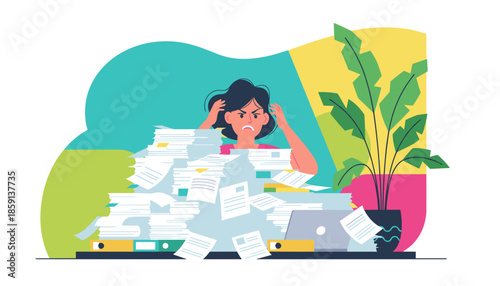 Stressed woman buried under a huge stack of paperwork Work overload deadline pressure and office burnout concept